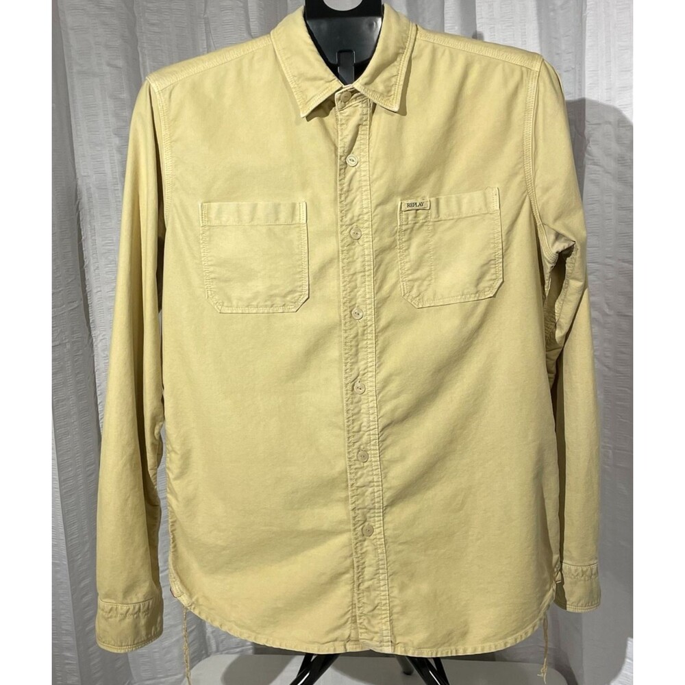 Replay Mens M Yellow Cotton Button Up Shirt Long Sleeve Double Pocket Casual